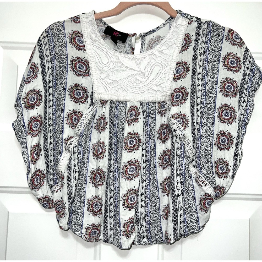 IZ Byer Medium Juniors Women's Boho Peasant Top Crochet‎ Smocked Floral Blouse